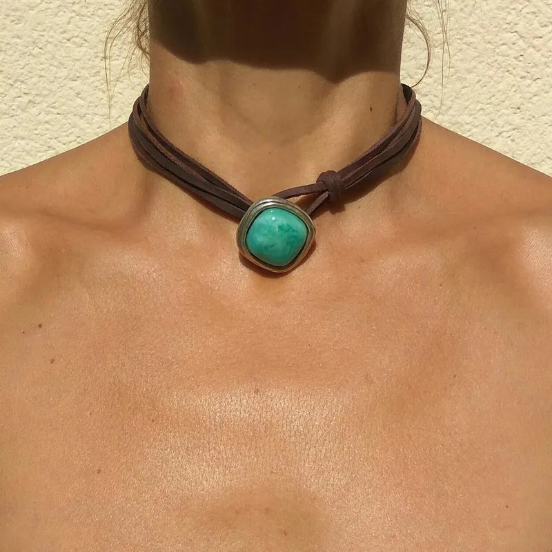 Retro Square Turquoise Alloy Leather Choker